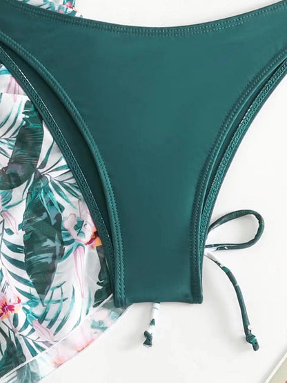S-XL Bikini Three Piece Set Leaf Print Waist Tied Fashionable Long Sleeved Beach Sun Proof Swimsuit Set  3pack