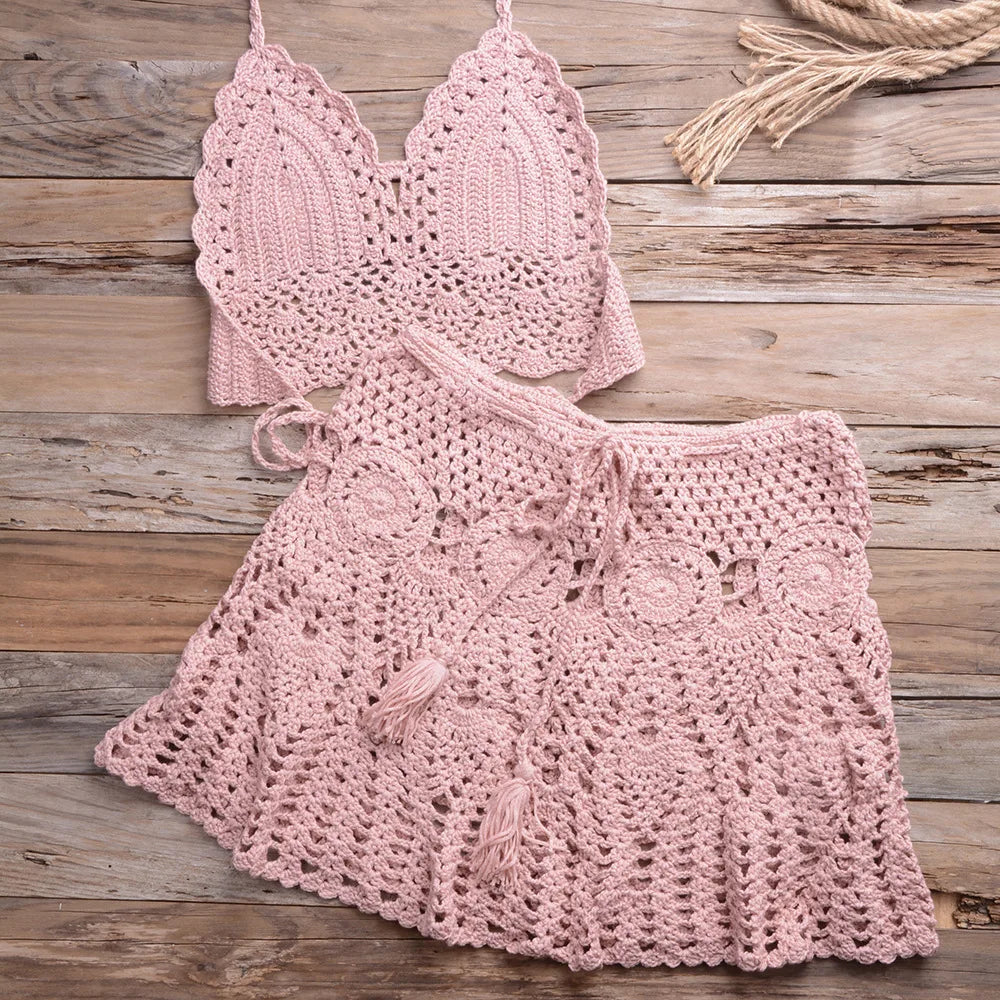 Custom Crochet Swimwear Women's Halter Top Tie Side Swimsuits 2 Piece Beachwear Set Beach Cover up Crochet Bikini