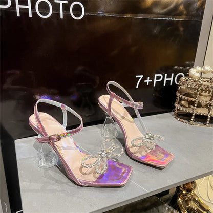 2025 Women's Fashion Rhinestone Bowknot High Wine Glass Sandals Pointed Toe Breathable  for Summer Autumn Wedding Parties