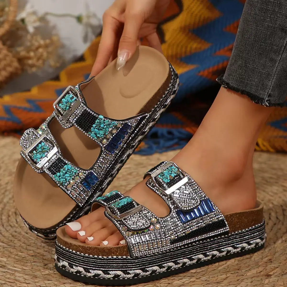 New Summer Flat Sandals Thick Bottom Hemp Rope Double Button Water Diamond Cork Beach Slippers Large Women's Slippers