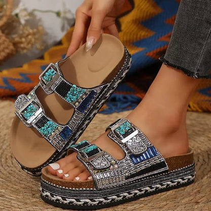 New Summer Flat Sandals Thick Bottom Hemp Rope Double Button Water Diamond Cork Beach Slippers Large Women's Slippers
