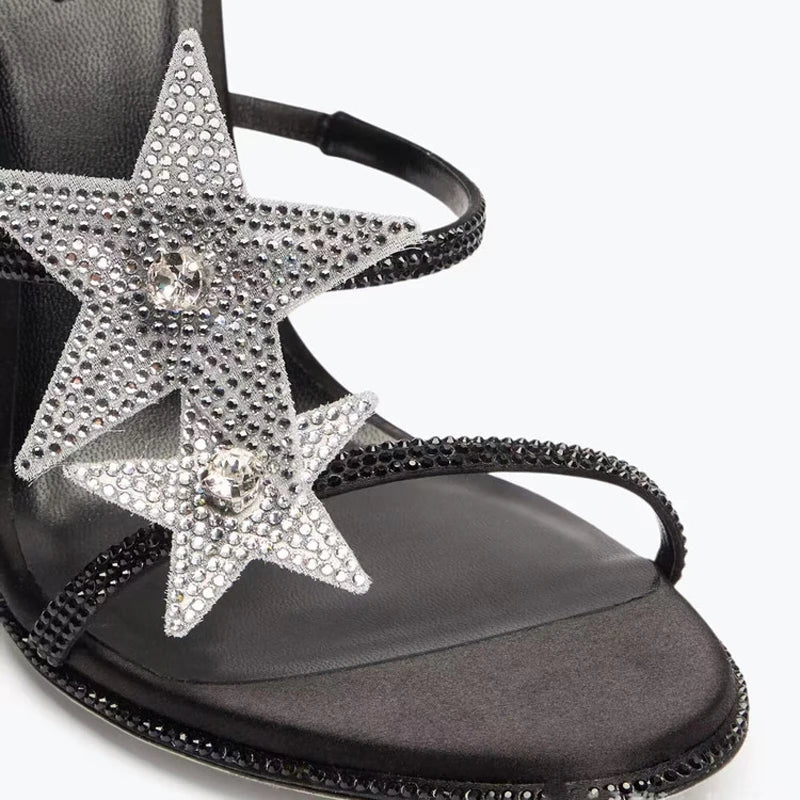 Ankle Wrap Cross Long Straps Women's Bling Stars Shoes High Heels Sexy Big Size 46 Dress Wide Fit Sandals Stiletto