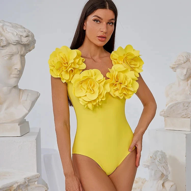 JSN 3D Blumentop-Bikini High-End Einfarbiger Einteiler Badeanzug Anzug für Damen Strandurlaub Anzug Rock Bademode
