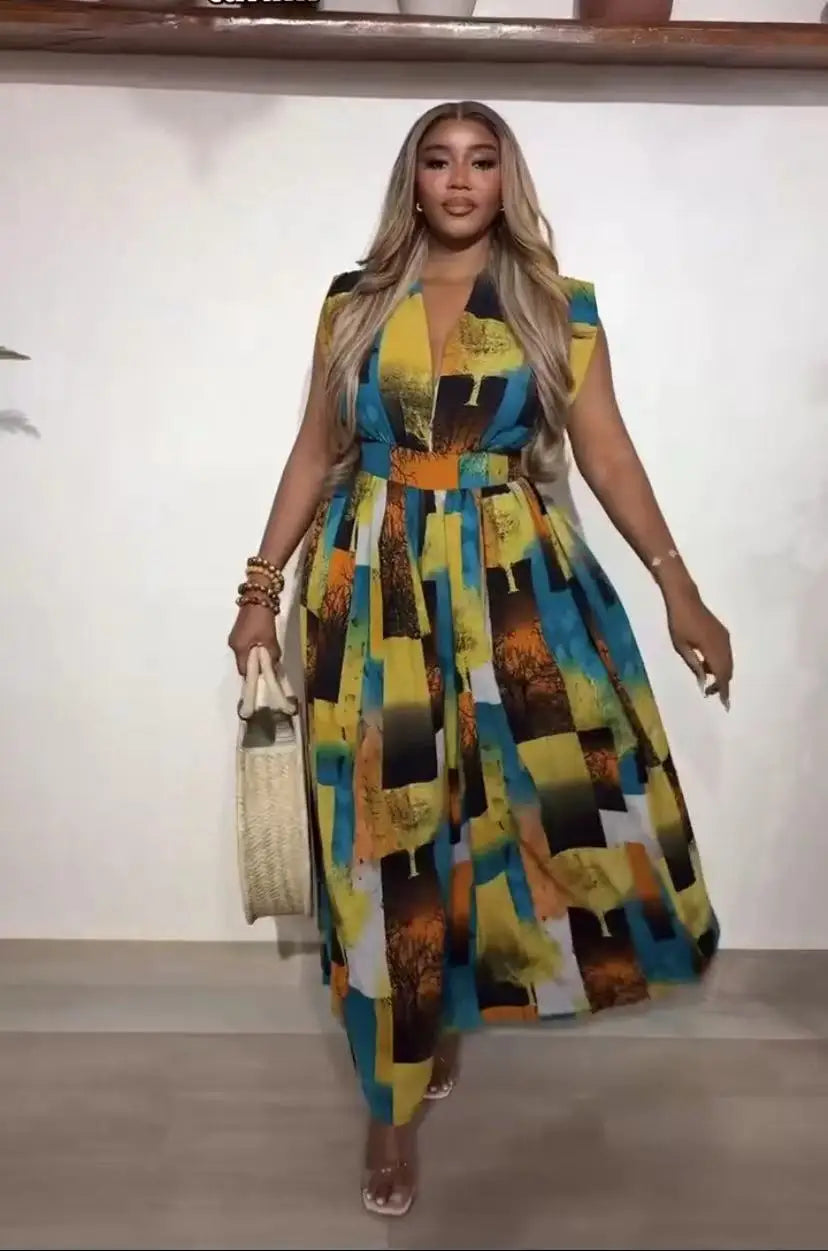 Ärmelloser Jumpsuit mit V-Ausschnitt, bedrucktem Patchwork, atmungsaktiver Strick-Sommer-Jumpsuit für Partys mit Knopfdekoration