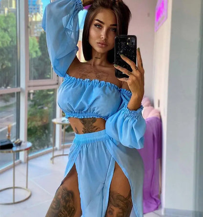 Summer Women Bikini Cover Ups Solid Color Long Sleeve Off Shoulder Tops High Waist Split Skirts 2pcs Swimsuit Bathing Suit