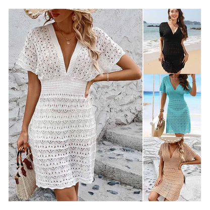 2024 Women Summer Smock Wave Elastic V-neck Hollow Out Backless Short Sleeve Clothes Knit Bikini Cover Ups Casual Beach Dresses