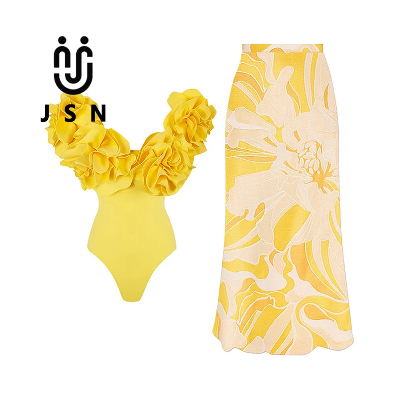 JSN 3D Blumentop-Bikini High-End Einfarbiger Einteiler Badeanzug Anzug für Damen Strandurlaub Anzug Rock Bademode
