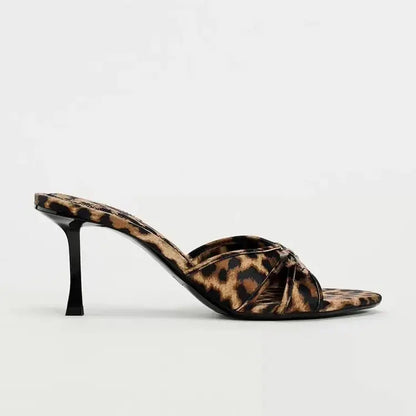2025 Women's Leather Shoes with Leopard Print, Bowknot Design, Thin Stiletto Heels, Open Back, Round Toe, Open Toe Sandals