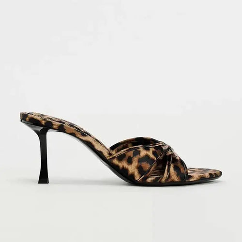 2025 Damen-Lederschuhe mit Leopardenmuster, Schleifendesign, dünnen Stilettoabsätzen, offener Ferse, runder Spitze, offenen Zehensandalen