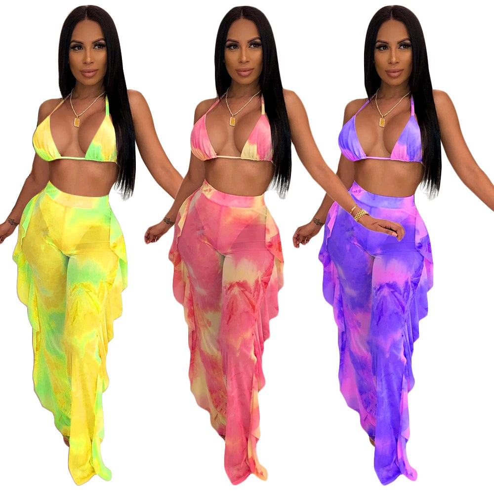 Prix usine en gros Nouveau maillot de bain d'été sexy pour femme avec bikini à volants, pantalon long ample, soutien-gorge à fines bretelles et ensemble deux pièces
