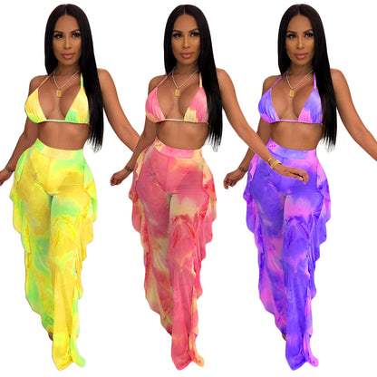 Prix usine en gros Nouveau maillot de bain d'été sexy pour femme avec bikini à volants, pantalon long ample, soutien-gorge à fines bretelles et ensemble deux pièces