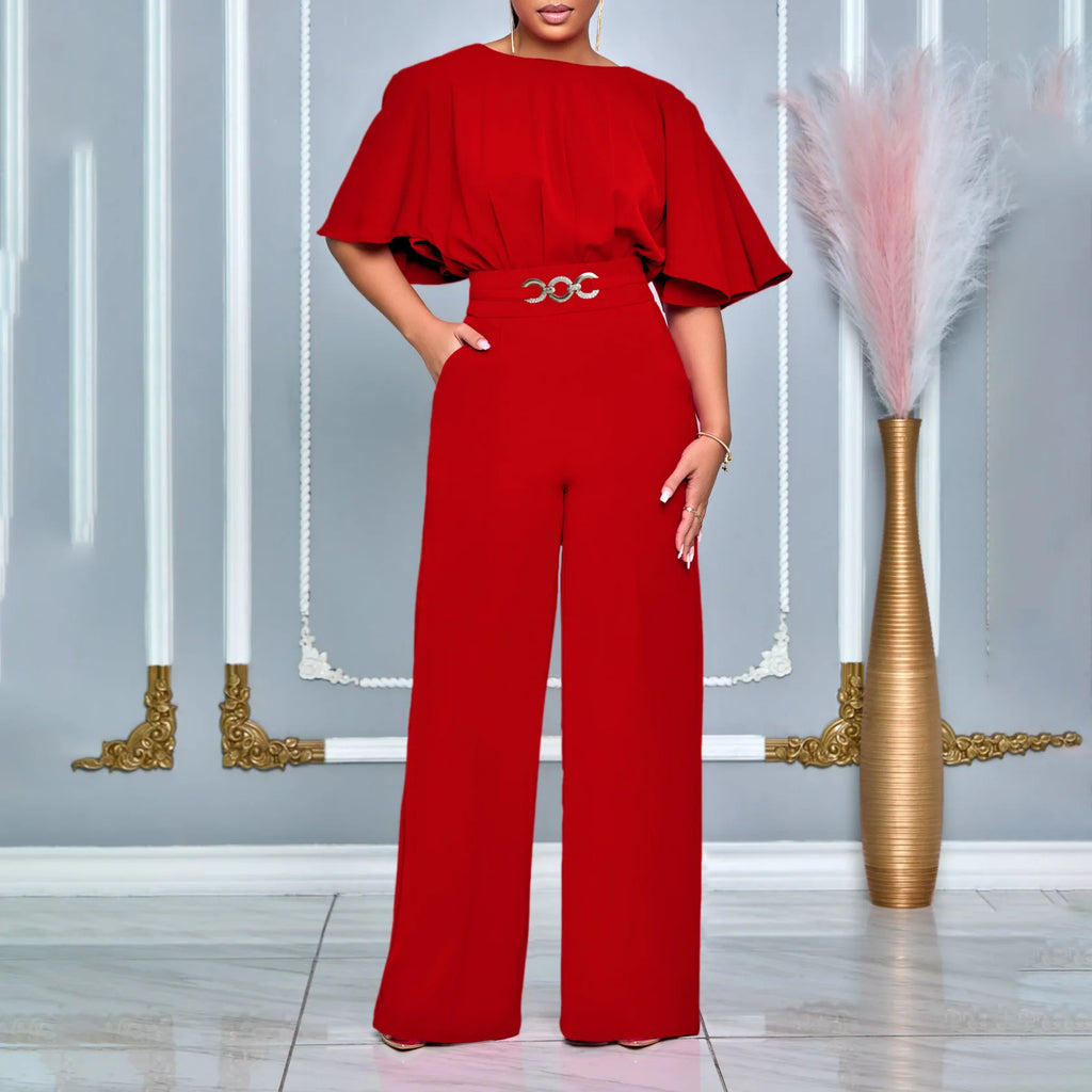 D3276 Loose Fit Fashion Overall mit Rundhalsausschnitt, hohem Bund, weitem Bein im afrikanischen Stil, aus Canvas-Stoff