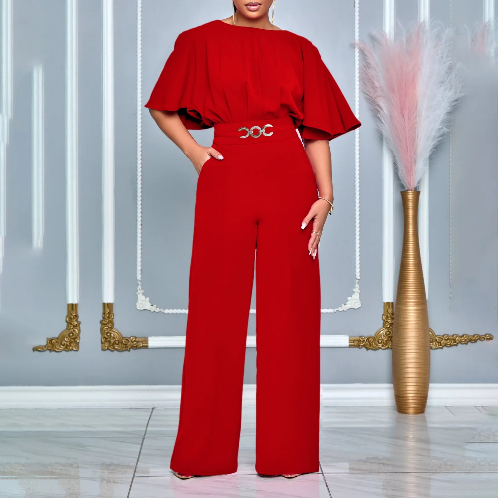 D3276 Loose Fit Fashion Overall mit Rundhalsausschnitt, hohem Bund, weitem Bein im afrikanischen Stil, aus Canvas-Stoff