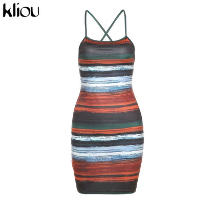 Kliou Mini abiti a righe con pannelli Estetici Donna Sexy Skinny Slash Neck Canotta Backless Vintage Midnight Clubwear Abiti