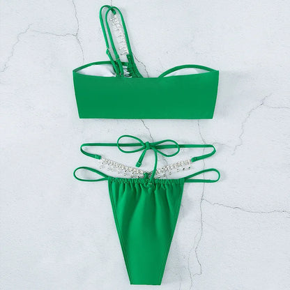 2023 Neue Badeanzüge Grün Strass Bademode Damen One Shoulder Sexy Bikini Bikinis & Strandmode OEM Digitaldruck Erwachsene Solid