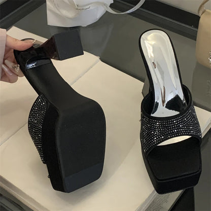 2025 Summer New Glitter Fish Mouth Slippers Black Fashion Thick Heel Waterproof Platform Sandals High Heels Slippers