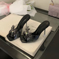 Summer Strange Heel Slippers Women Rhinestone Butterfly Square Toe Heels Party Shoes Transparent Sandals