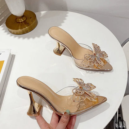 Talons Transparents d'Été avec Nœud Strass Sandales à Talons Verre de Vin Nouveaux Chaussons Femme à Bout Pointu Vert Émeraude Chaussons Sexy à Bride Cheville