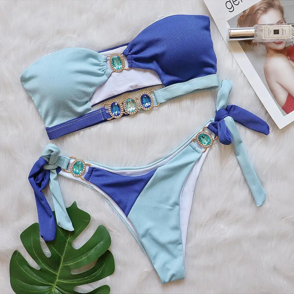 JSN9202108 Sexy Kristall-Diamant-Bikini, abnehmbares Brustpolster, Badeanzug, Spleiß-Brustgurt, geteilter Badeanzug