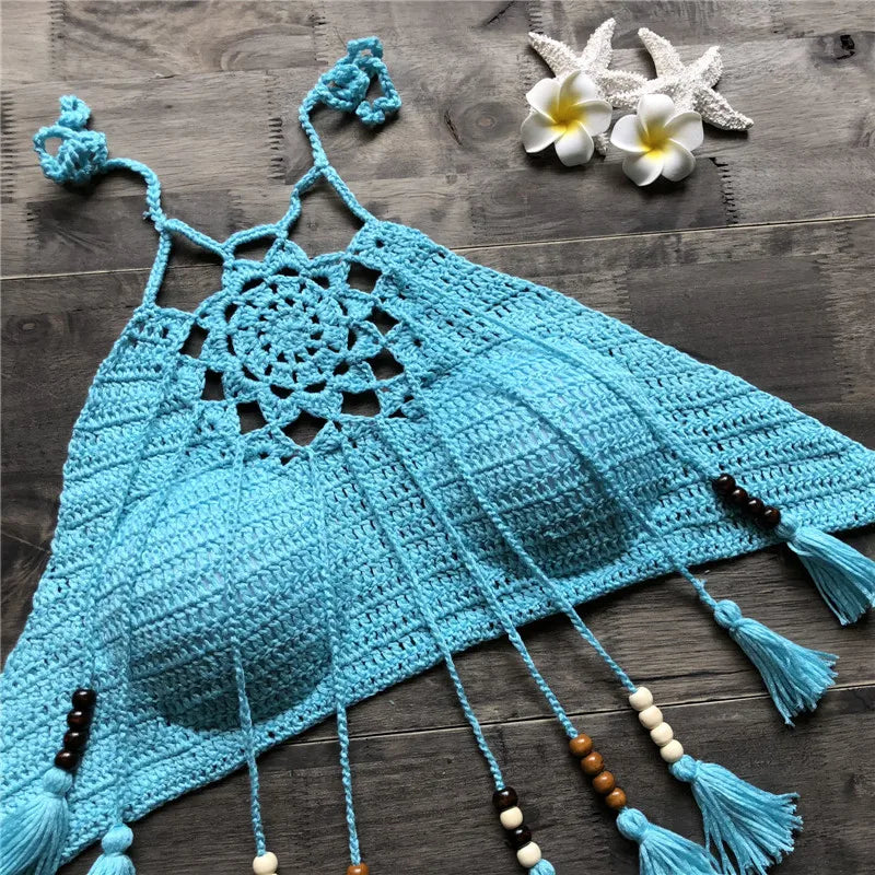 New Custom Handmade Crochet Swimwear Women Bralette Halter Neck Crop Tank Tops Crochet Bikini Top