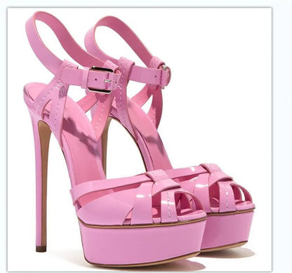 Ladies Crisscross Stiletto Heel Platform High Heels Gold PU Leather Ankle Strap Sexy Button Fashionable Summer Party Sandals