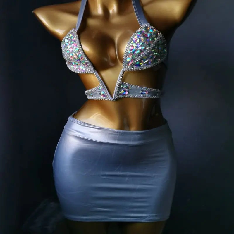Damen Sexy Body Chain Kristall Diamant Bikini Strand Luxus Bademode Schmuck Crop Top BH für Nachtclub High Cut Bikini Set