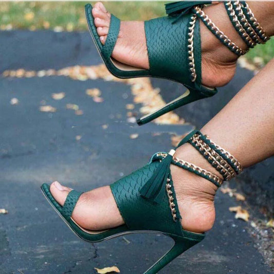 Sexy Metal Chain High Heel Sandals Fringes Straps Women Stiletto Slippers Lace up Party Shoes