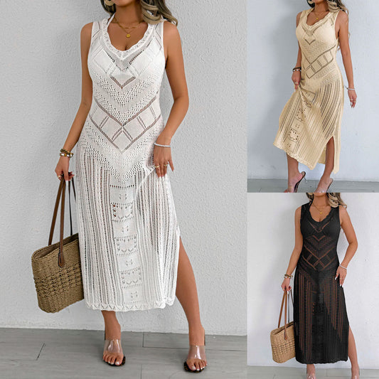 Großhandel Sexy Einteiler Strandüberwürfe Bikini Häkelstrick Weste Kleid Resort Wear Lange Maxikleider mit Schlitz für Damen