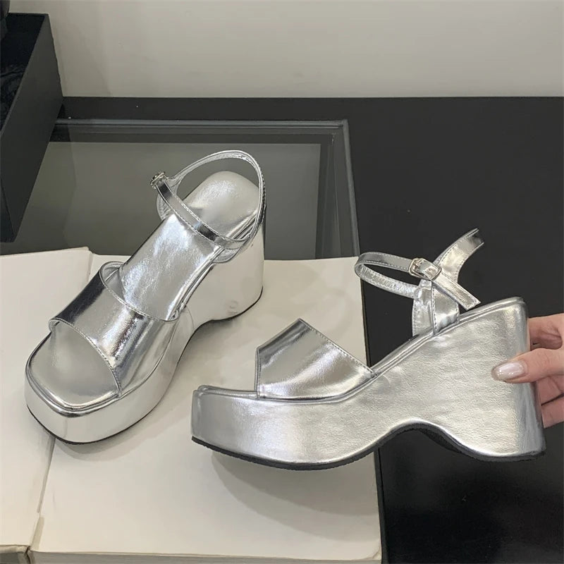 2025 European American Wedding Wind Comfortable Women's Open-Toed Peep Sandals Thick Soled Summer Slope Heel Breathable