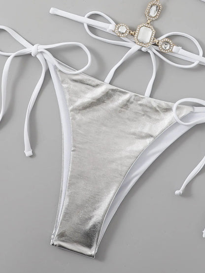 Crystal Bling Diamond Bikini Set Luxury Silver Swimwear Sexy Halter Women 2 Piece Bathing Suit for Pool Party
