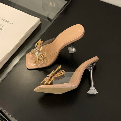 Pantoufles d'été à talons étranges pour femmes, strass papillon, bout carré, chaussures de soirée, sandales transparentes