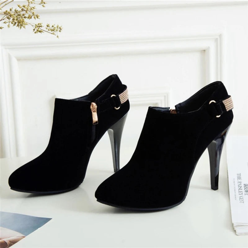 REAVE CAT Ankle Boots Pointed Toe Shoes women Sale Thin Heels Flock Suede Leather Rhinestone Big Size 31-50 Weeding Blue Black