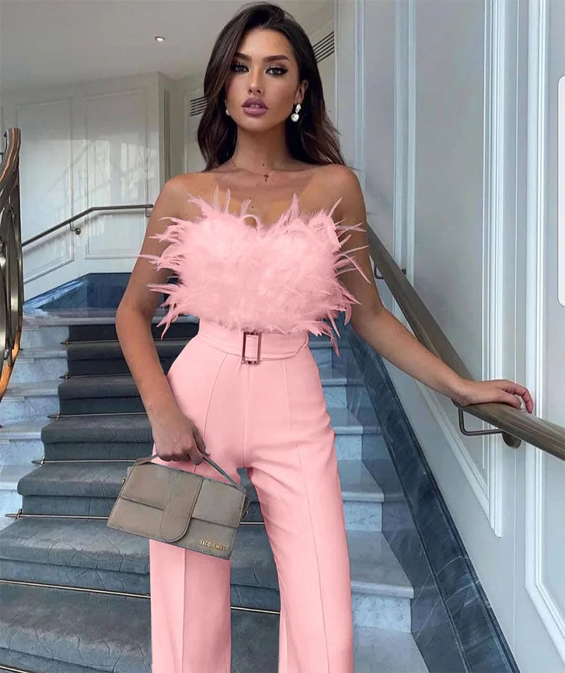 Combinaison moulante sexy à plumes pour femme, nouvelle collection printemps-été Europe et États-Unis
