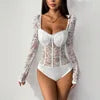 B9322-2026 Fashion Elegant square Neck Long Sleeve Skinny Above Knee Lace Solid Color Jumpsuit for Women Bodysuit