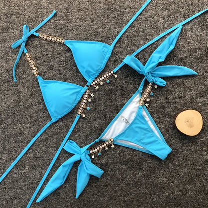 2022 Stock glänzender holografischer Tanga-Bikini Schmuck Diamant Damen Tanga-Bikini Bademode