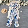 ANSZKTN Women's Summer Pant Set Short Sleeved Lattice Shirt Loose Wide-leg Trousers Printed High Waist Suit Jumpsuit