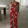 Summer Fashion Sexy Deep V-neck Jumpsuit Women's Short Sleeve Floral Digital Print Waist Trousers Jumpsuit