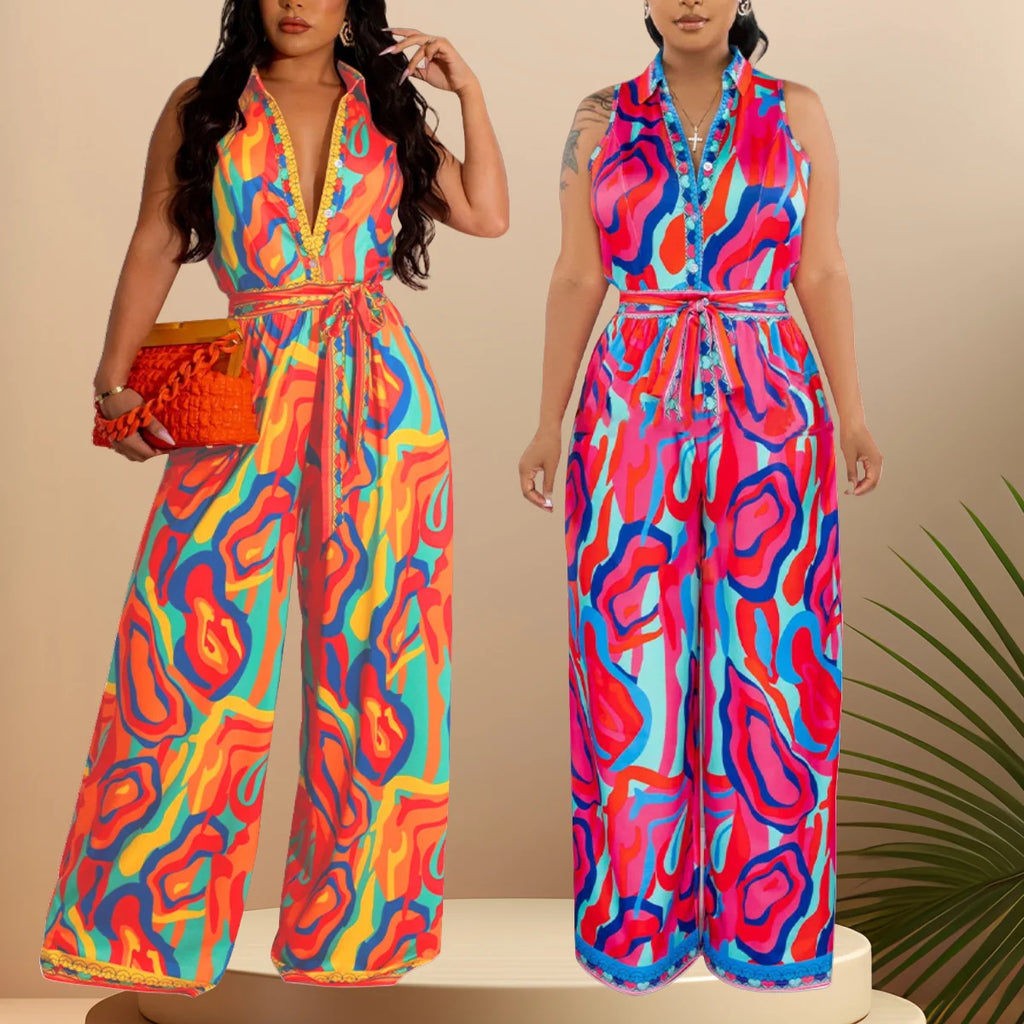 K10547 Großhandel Neuer Sommer Druck Ärmelloser V-Ausschnitt Weiter Bein-Jumpsuit Damen Freizeit-Jumpsuit