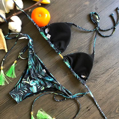 RUOTONGSEPT Sexy Micro Bikinis Set 2024 New Swimsuit Women Feather Print Bandage Swimwear Female Bathing Suit Brazilian Biquinis