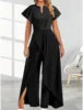 Combinaison femme col en V irrégulier, pantalon large, robe combinaison, manches courtes, couleur unie, tailles S-3XL