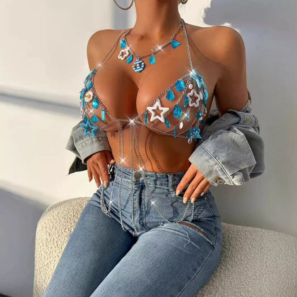 2025 Club Festival Outfit Jewelry New Acrylic Various Shaped Gem Hollow Bra Bikini Sling Waist Chain Women's Body Chain Camis