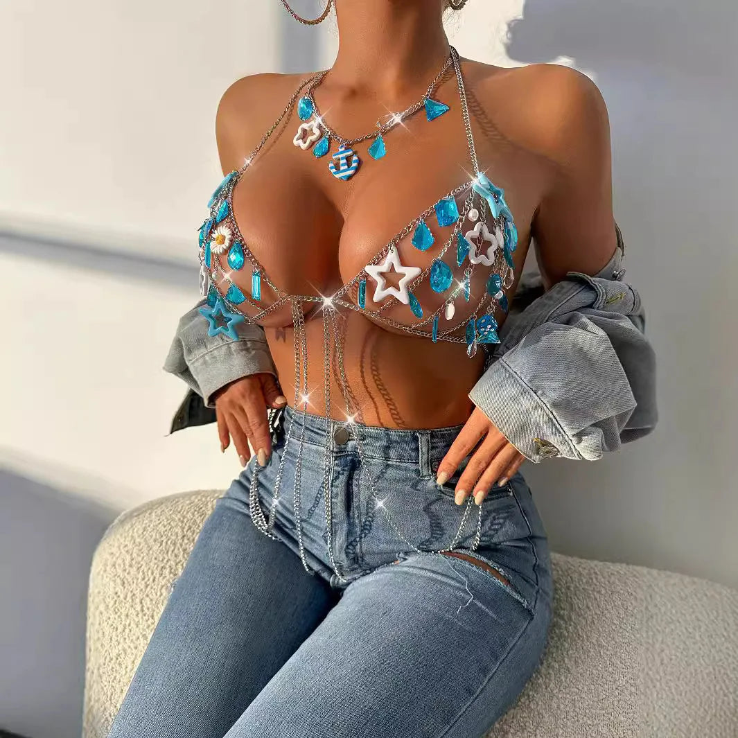2025 Club Festival Outfit Schmuck Neues Acryl Verschieden geformter Edelstein Aushöhlung BH Bikini Träger Taille Kette Damen Körperkette Cami
