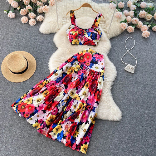 ANSZKTN et le style de vacances américain ANSZKTN Print Suit Femme Courte Bretelle Haut Jupe Plissée Ensemble
