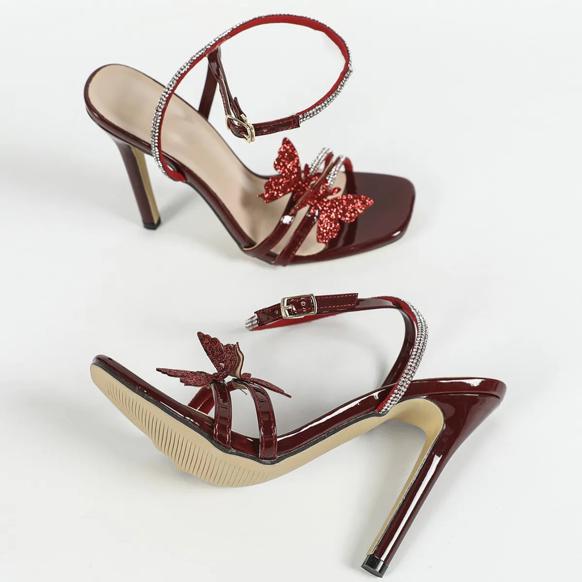 Sandales Femme Été Vin Rouge Talon Carré Talons Hauts Caractéristique Rehaussante Décoration Papillon Strass Laçage