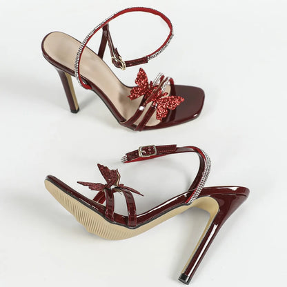 Sandales Femme Été Vin Rouge Talon Carré Talons Hauts Caractéristique Rehaussante Décoration Papillon Strass Laçage