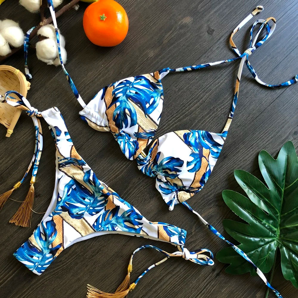 RUOTONGSEPT Sexy Micro Bikinis Set 2024 New Swimsuit Women Feather Print Bandage Swimwear Female Bathing Suit Brazilian Biquinis