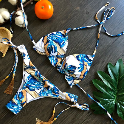 RUOTONGSEPT Sexy Micro Bikinis Set 2024 New Swimsuit Women Feather Print Bandage Swimwear Female Bathing Suit Brazilian Biquinis