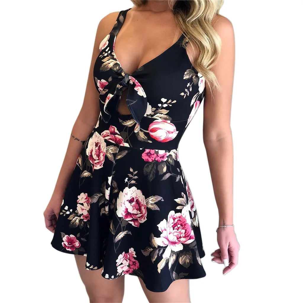 Robe salopette courte sans manches à bretelles et nœud papillon imprimé pour femme, combishort décontracté, idéal pour la plage