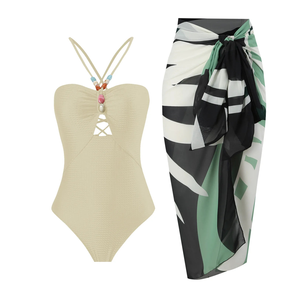 Sexy Bikini Set Women Luxury Beading Swimwear Hollow Out Swimsuit Two-pieces Halter Beachwear Bathing Suit With Cover up Skirt