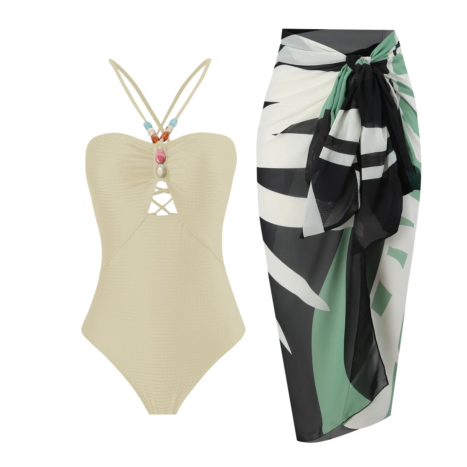 Sexy Bikini Set Women Luxury Beading Swimwear Hollow Out Swimsuit Two-pieces Halter Beachwear Bathing Suit With Cover up Skirt
